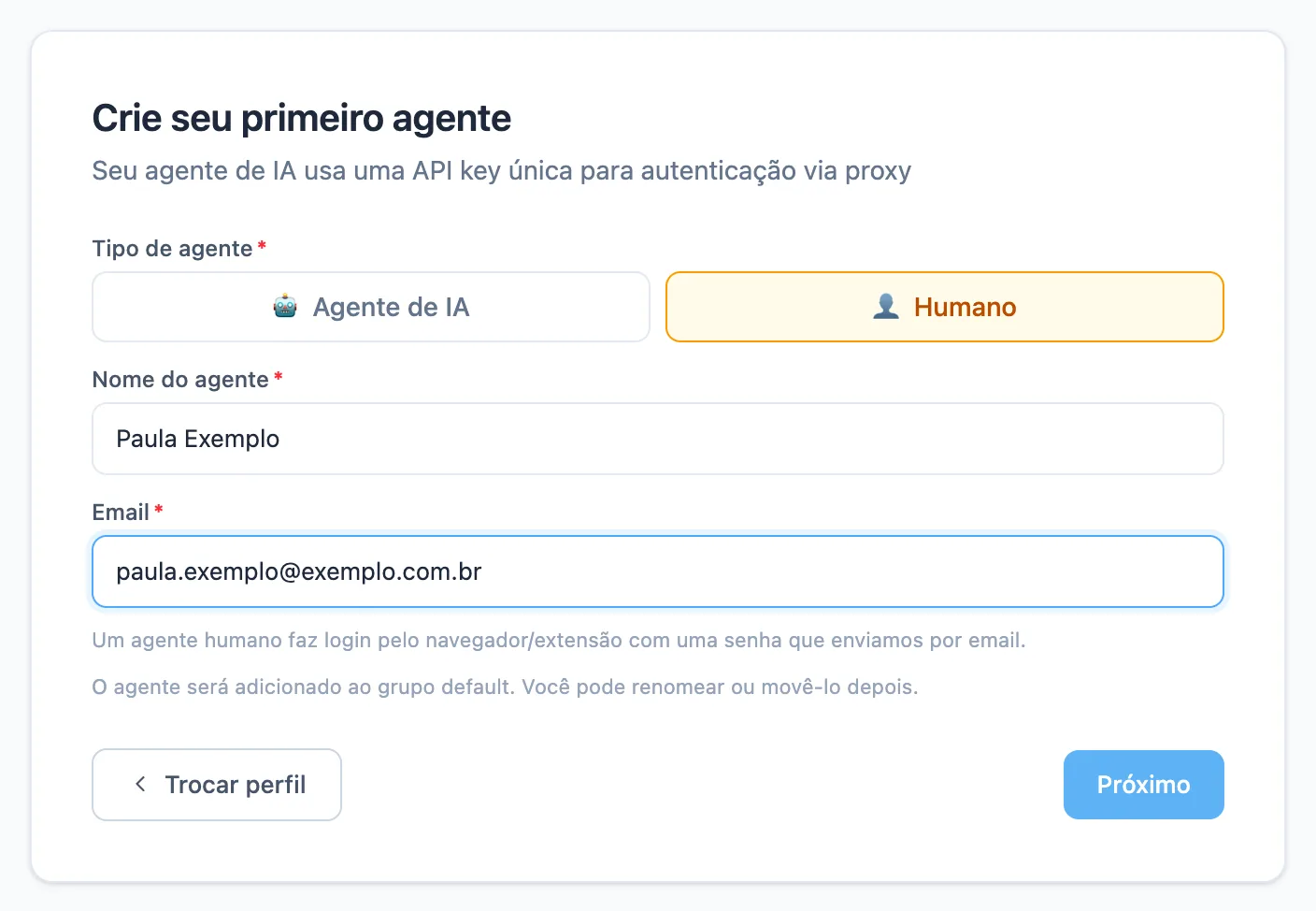 passo de cadastro com o tipo Humano selecionado, nome e e-mail de exemplo preenchidos