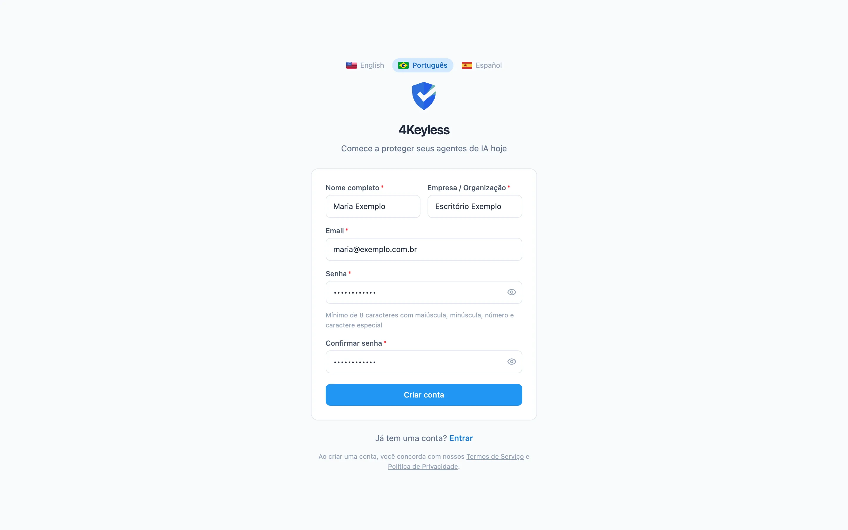 tela de cadastro com nome, empresa, e-mail e senha preenchidos com dados de exemplo
