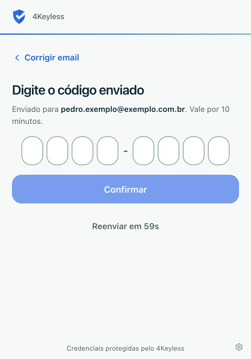 tela Digite o código enviado com as oito casas do código e o botão Confirmar