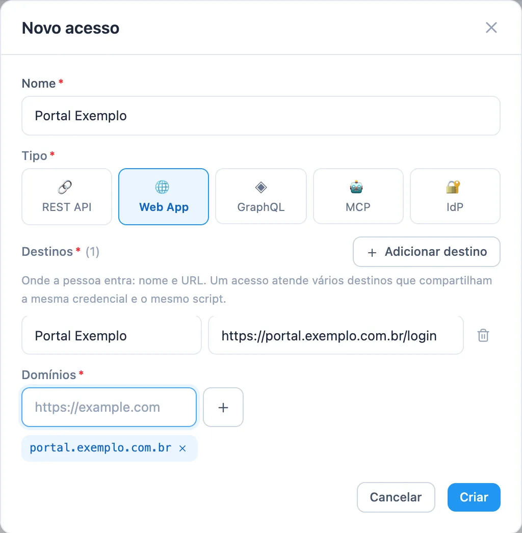 janela Novo acesso com nome, tipo Web App selecionado, um destino e um domínio preenchidos