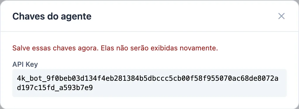 janela Chaves do agente com o aviso em vermelho e a chave de um agente de teste