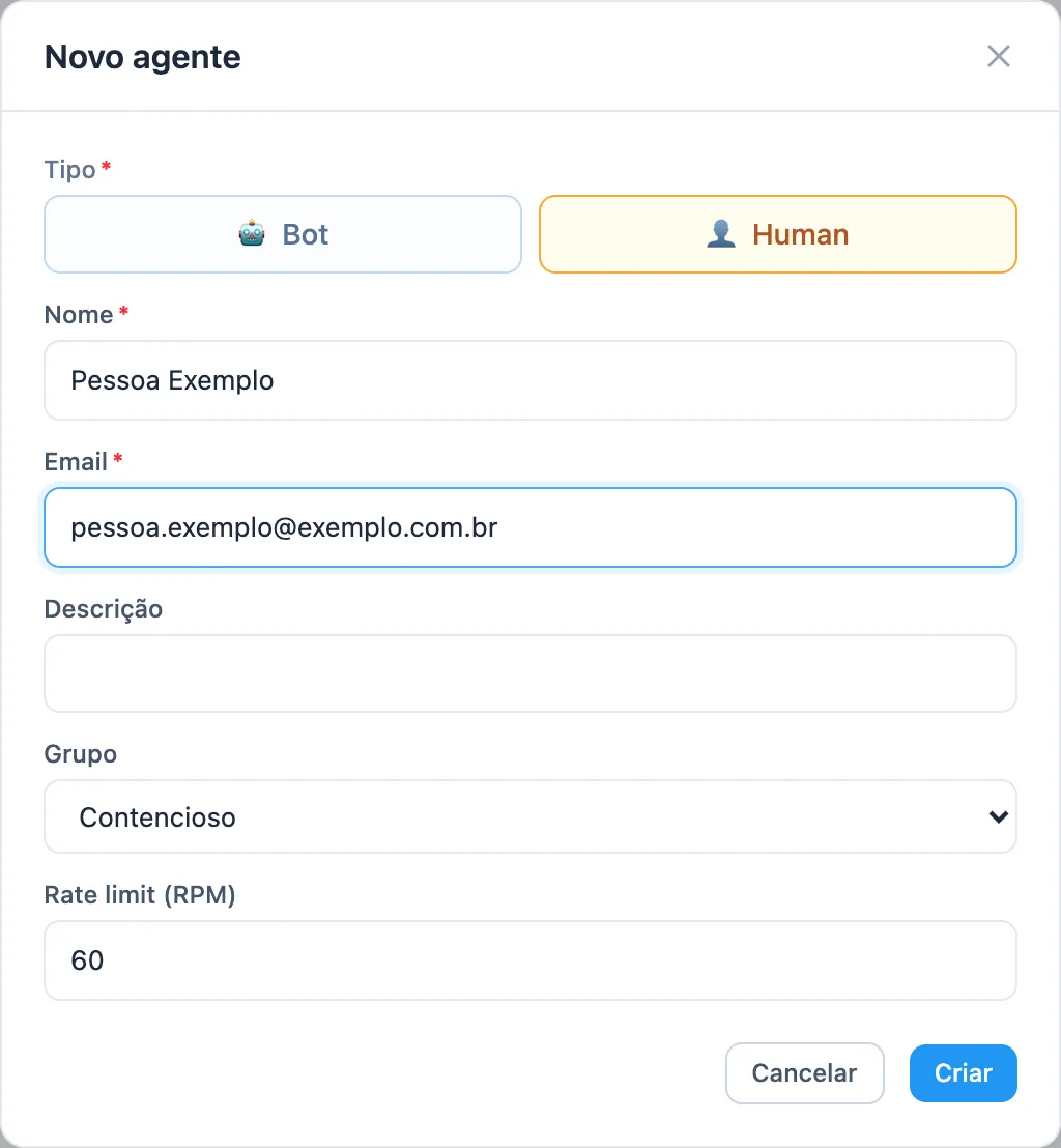 janela Novo agente com o tipo Human selecionado e os campos Nome, Email e Grupo preenchidos