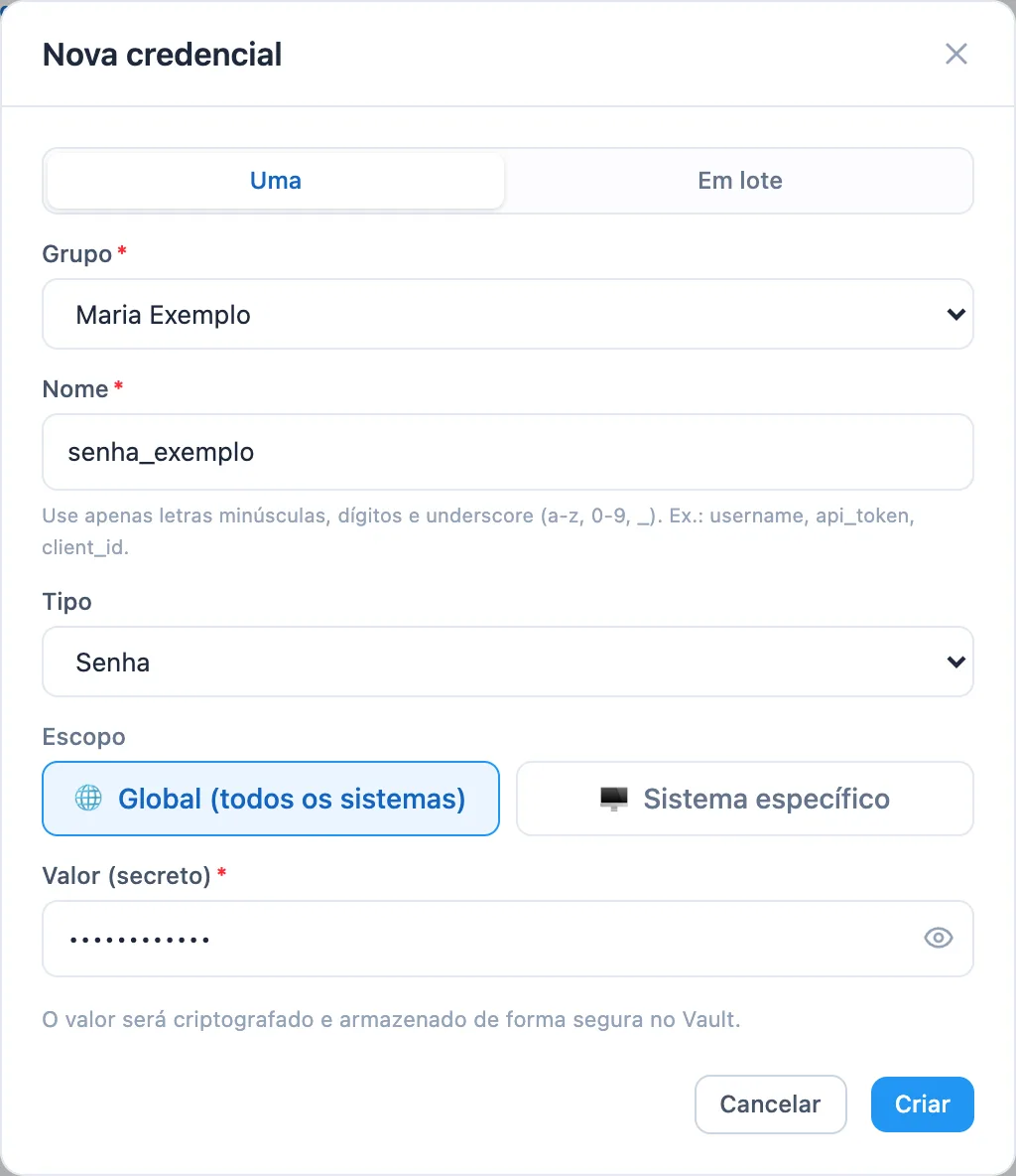 janela Nova credencial com grupo, nome, tipo Senha, escopo Global e o campo Valor (secreto) preenchidos