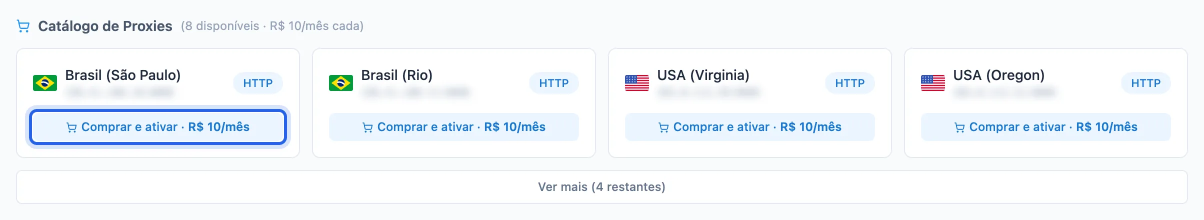 cartões do Catálogo de Proxies com a bandeira do Brasil e o botão Comprar e ativar com o preço por mês