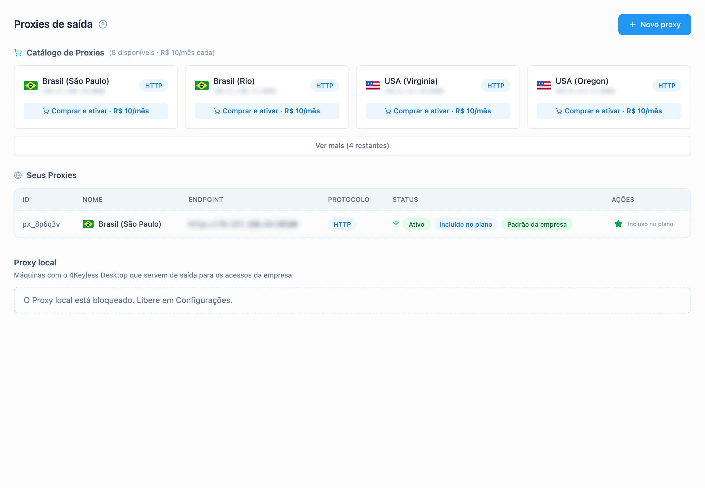 tela Proxies de saída com o Catálogo de Proxies no topo e a tabela Seus Proxies com um local marcado como Padrão da empresa