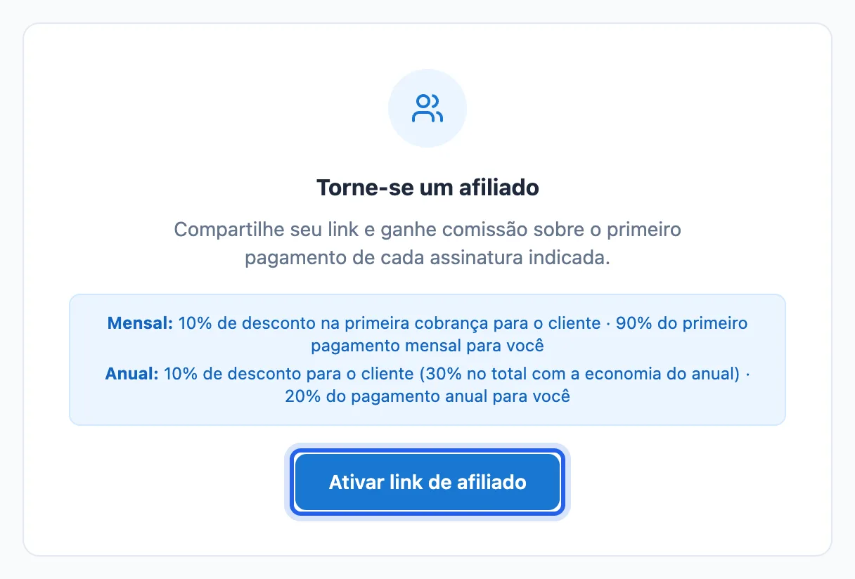tela Programa de Afiliados com o convite Torne-se um afiliado e o botão Ativar link de afiliado