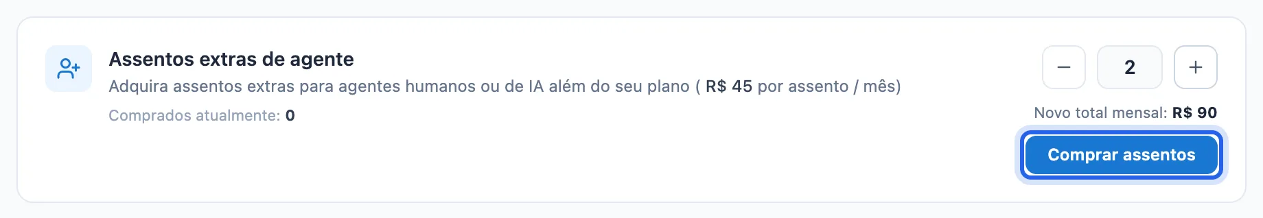 quadro Assentos extras de agente com a quantidade ajustada e o botão Comprar assentos