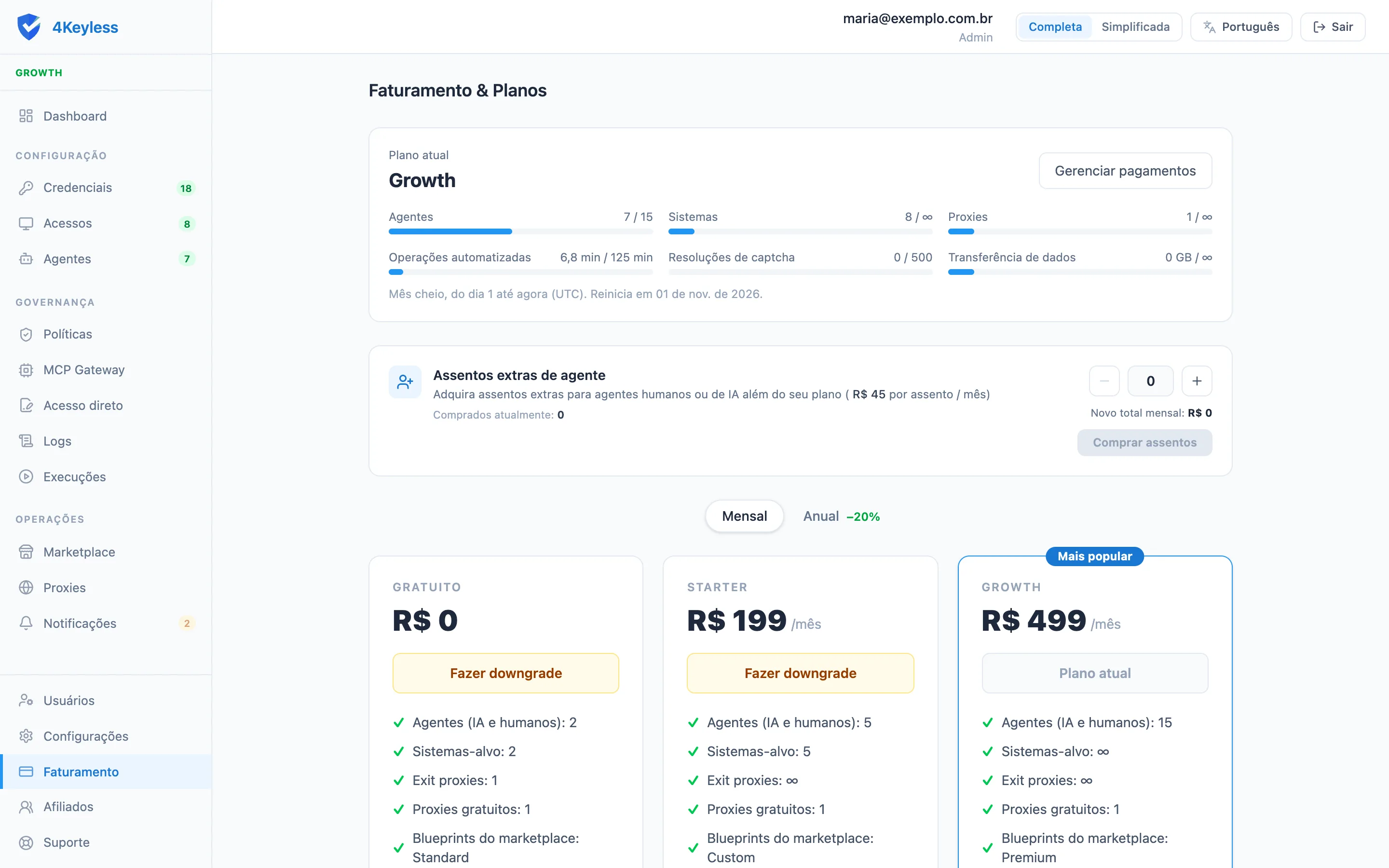 tela Faturamento & Planos com o plano atual, as barras de uso e os cartões de planos