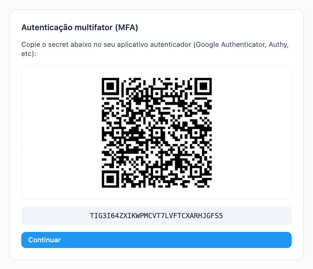 quadro de MFA com o QR code e o código para o aplicativo autenticador