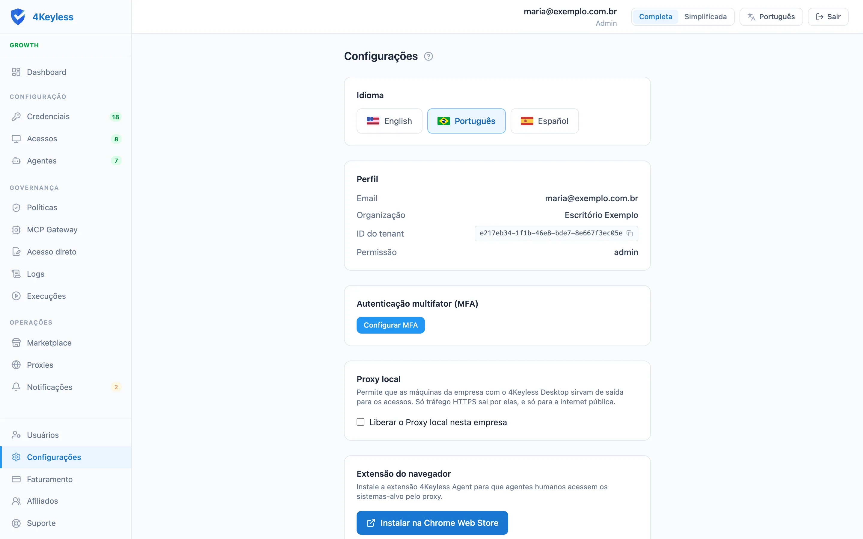 tela Configurações com os quadros Idioma, Perfil e Autenticação multifator
