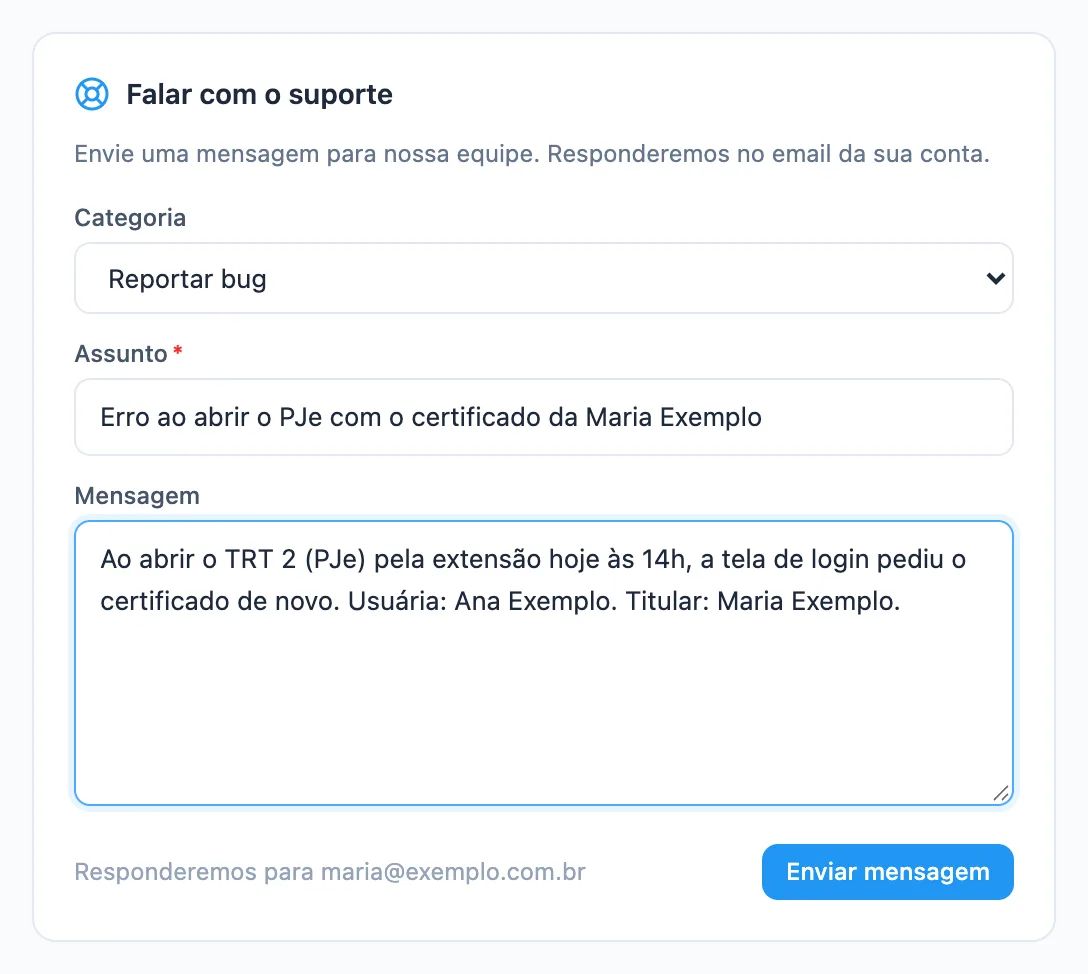 formulário Falar com o suporte com categoria, assunto e mensagem de exemplo preenchidos