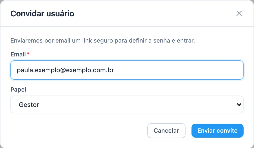 modal Convidar usuário com e-mail de exemplo e o papel Gestor escolhido