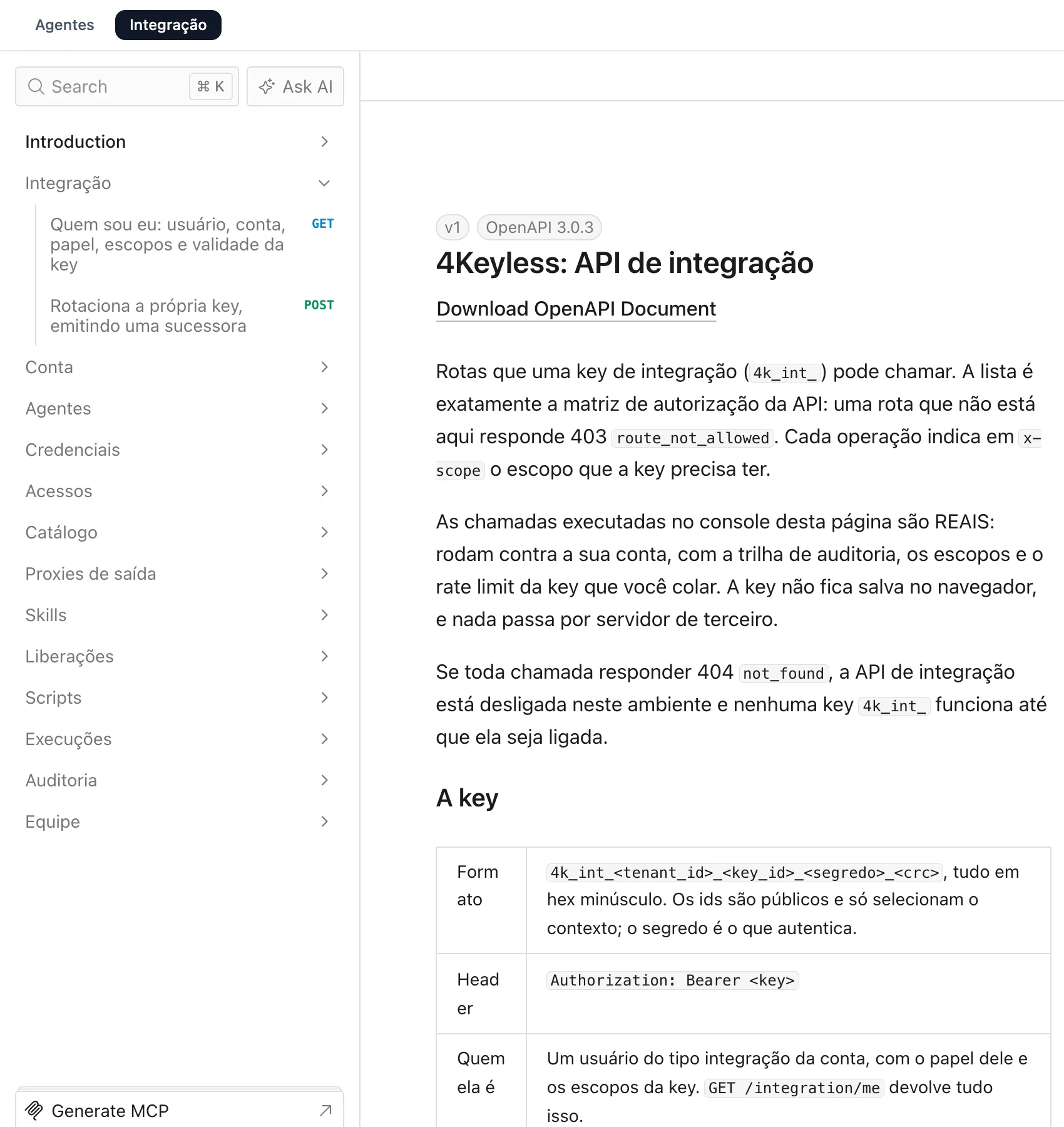 referência da API aberta no documento Integração, com o seletor de documentos no topo e a lista de rotas na lateral