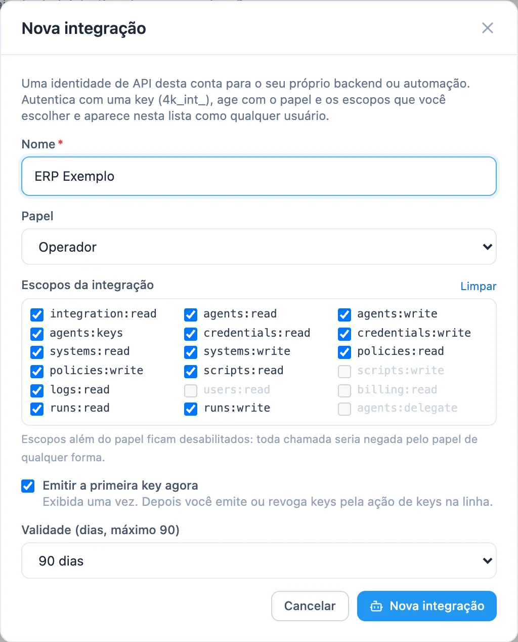 janela Nova integração com nome, papel, escopos e a opção Emitir a primeira key agora