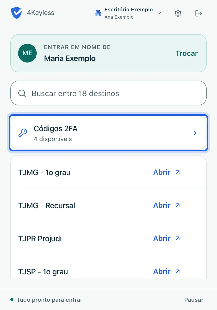 cartão Códigos 2FA no topo da lista, com o texto 4 disponíveis