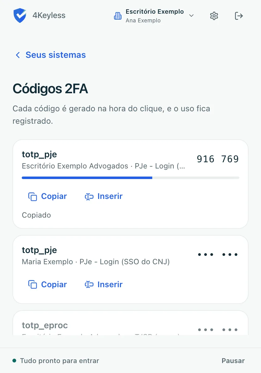 linha de um código com os dígitos visíveis, a mensagem Copiado e a barra de tempo restante