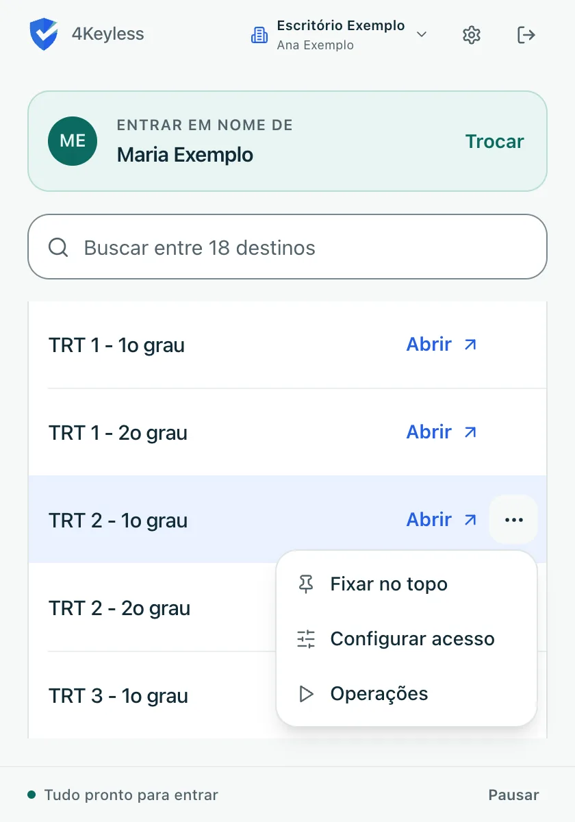 menu da linha aberto pelo botão de três pontinhos, com as opções Fixar no topo, Configurar acesso e Operações