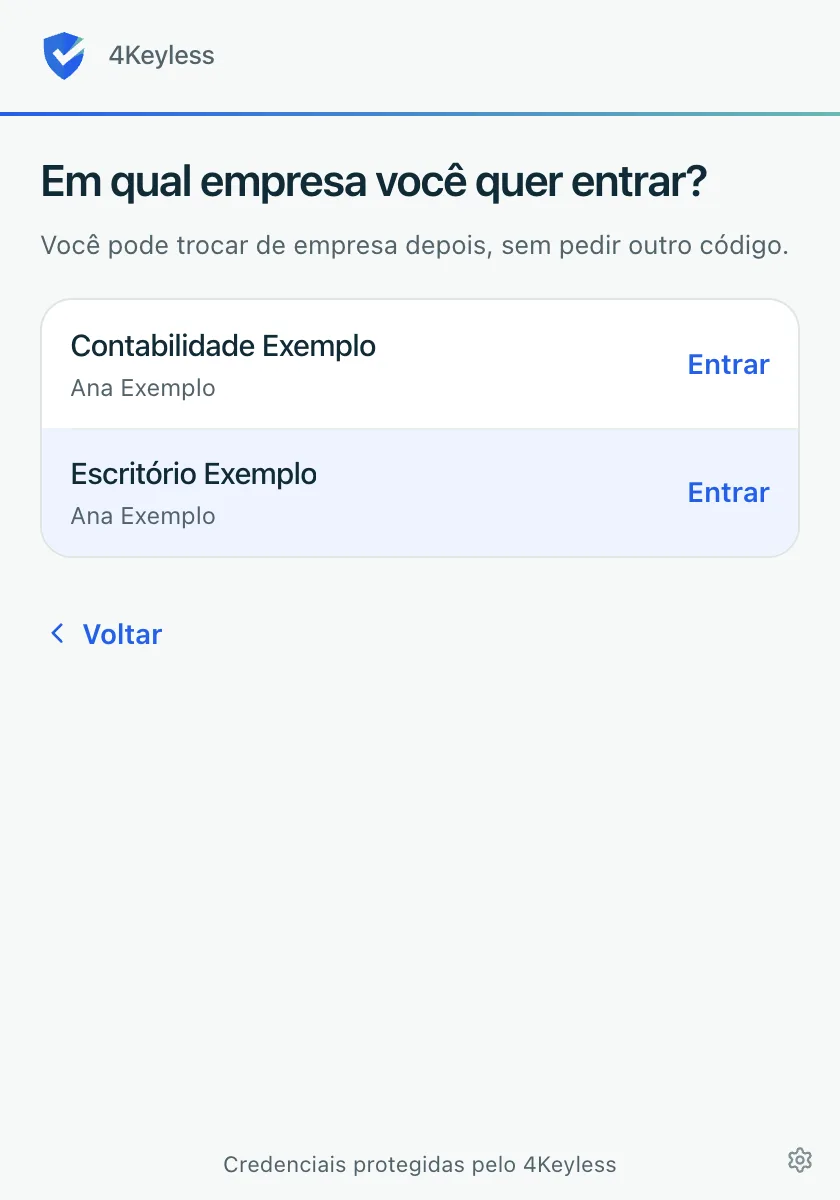 tela Em qual empresa você quer entrar?, com duas empresas fictícias, Contabilidade Exemplo e Escritório Exemplo, cada uma com o botão Entrar