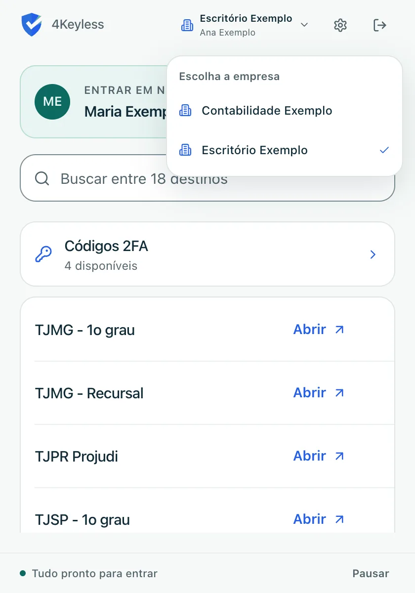 menu Escolha a empresa aberto a partir do nome da empresa no canto superior direito, com a empresa atual marcada