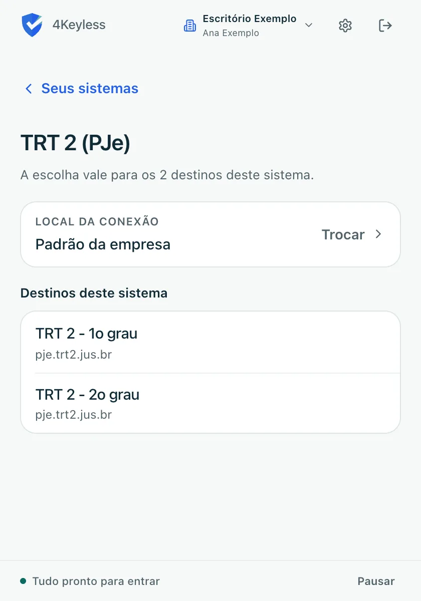 tela Configurar acesso de um sistema, com a linha Local da conexão e a lista Destinos deste sistema