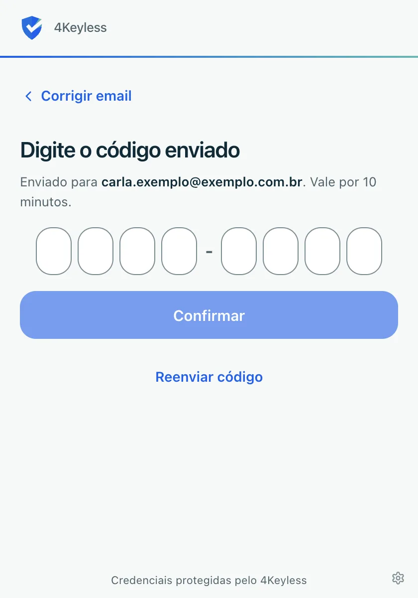 tela Digite o código enviado, com as 8 casas do código, o botão Confirmar e o link Reenviar código