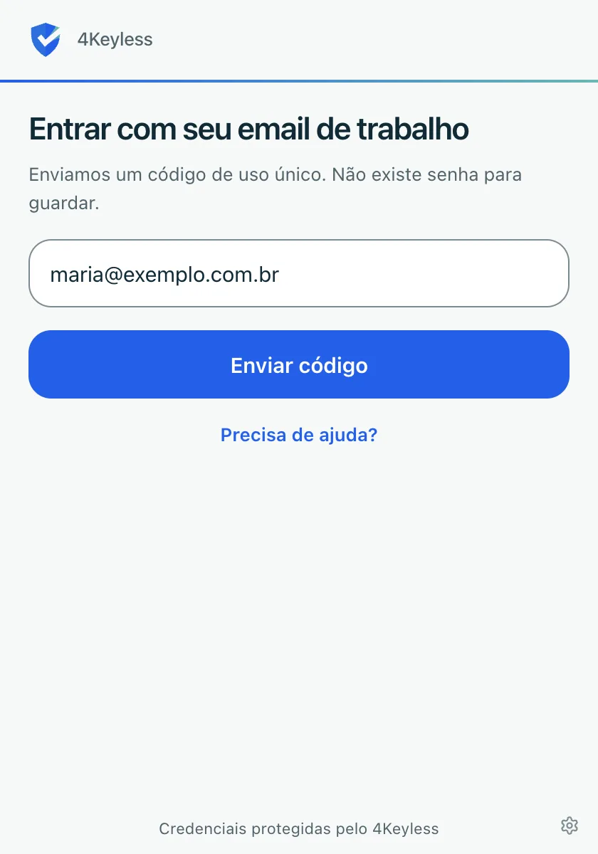 tela Entrar com seu email de trabalho, com o e-mail maria@exemplo.com.br preenchido e o botão Enviar código