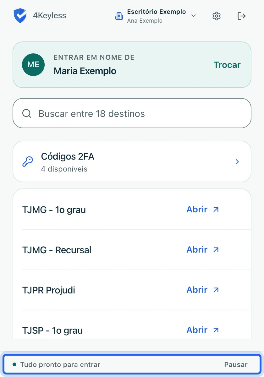 rodapé da tela principal com Tudo pronto para entrar e o botão Pausar