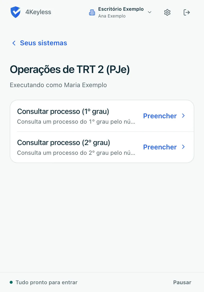 tela Operações de um sistema, com a linha Executando como Maria Exemplo e duas operações com o botão Preencher