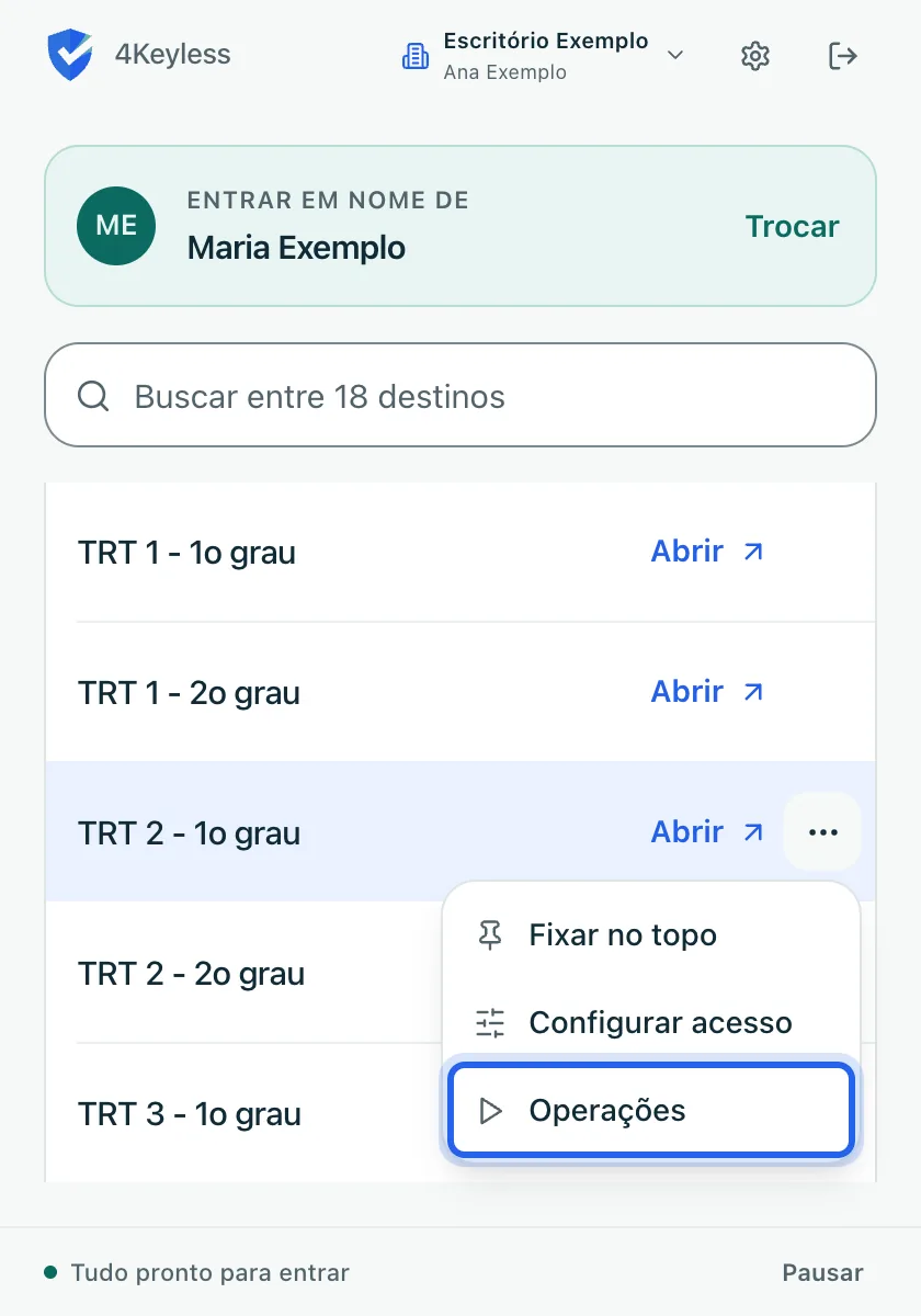 menu da linha aberto, com a opção Operações em destaque