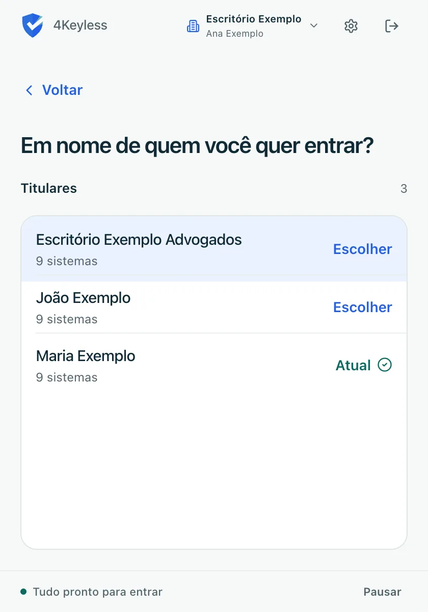 tela Em nome de quem você quer entrar?, com os titulares Escritório Exemplo Advogados, João Exemplo e Maria Exemplo, este marcado como Atual