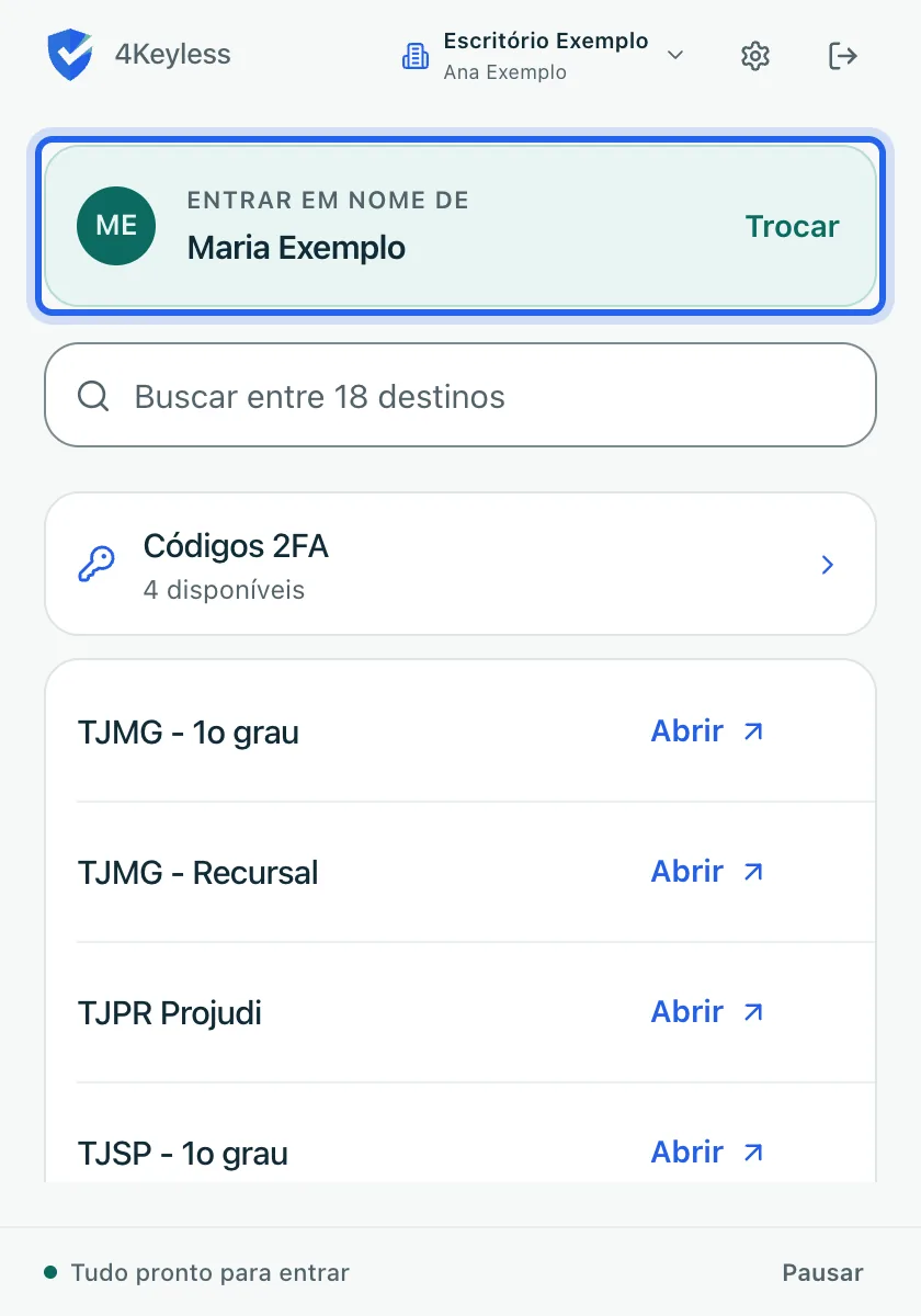 faixa Entrar em nome de no topo da tela principal, com o titular Maria Exemplo e o botão Trocar