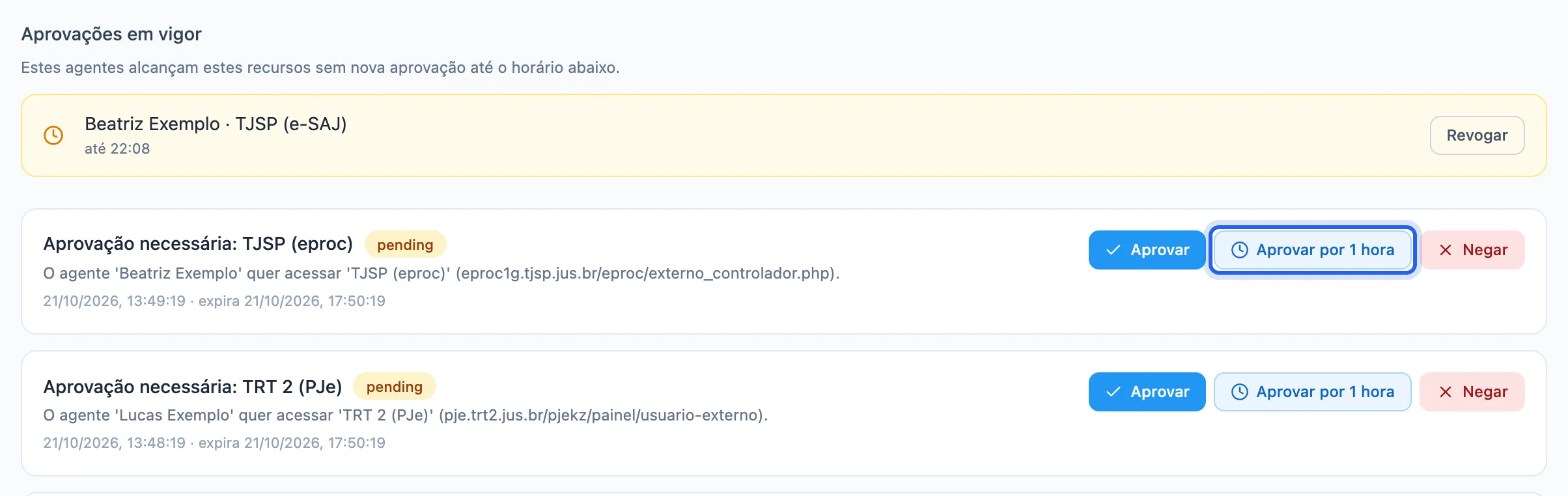 tela Notificações com uma aprovação em vigor no alto e dois pedidos pendentes com os botões Aprovar, Aprovar por 1 hora e Negar