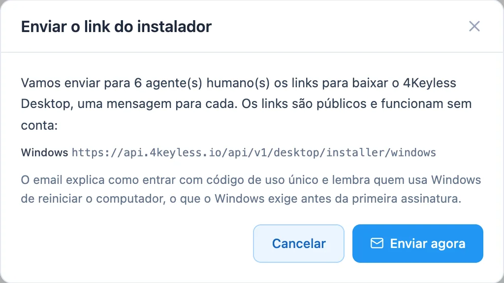 janela Enviar o link do instalador com a quantidade de pessoas e o link do instalador para Windows