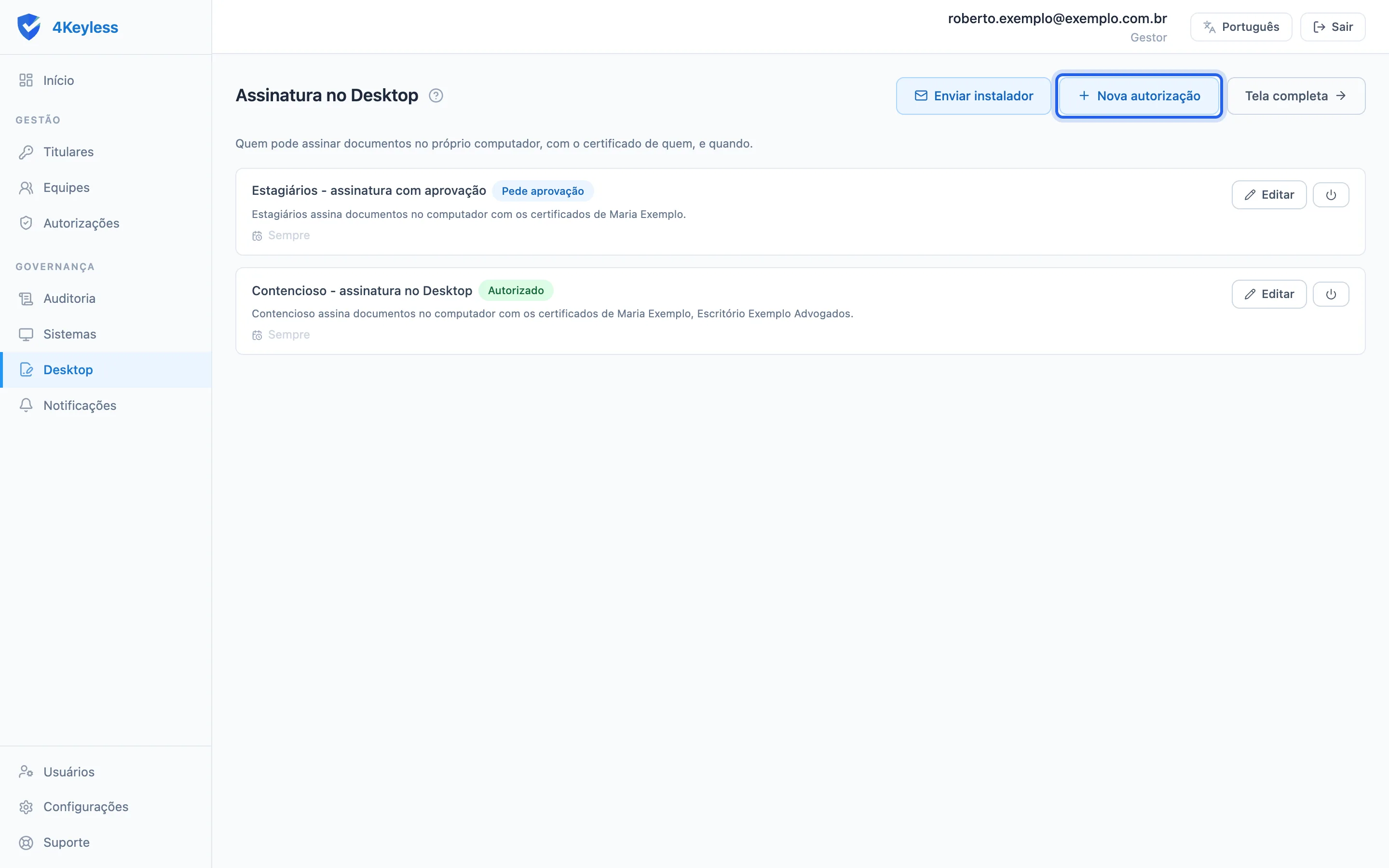 tela Assinatura no Desktop com as autorizações na lista e os botões Enviar instalador e Nova autorização