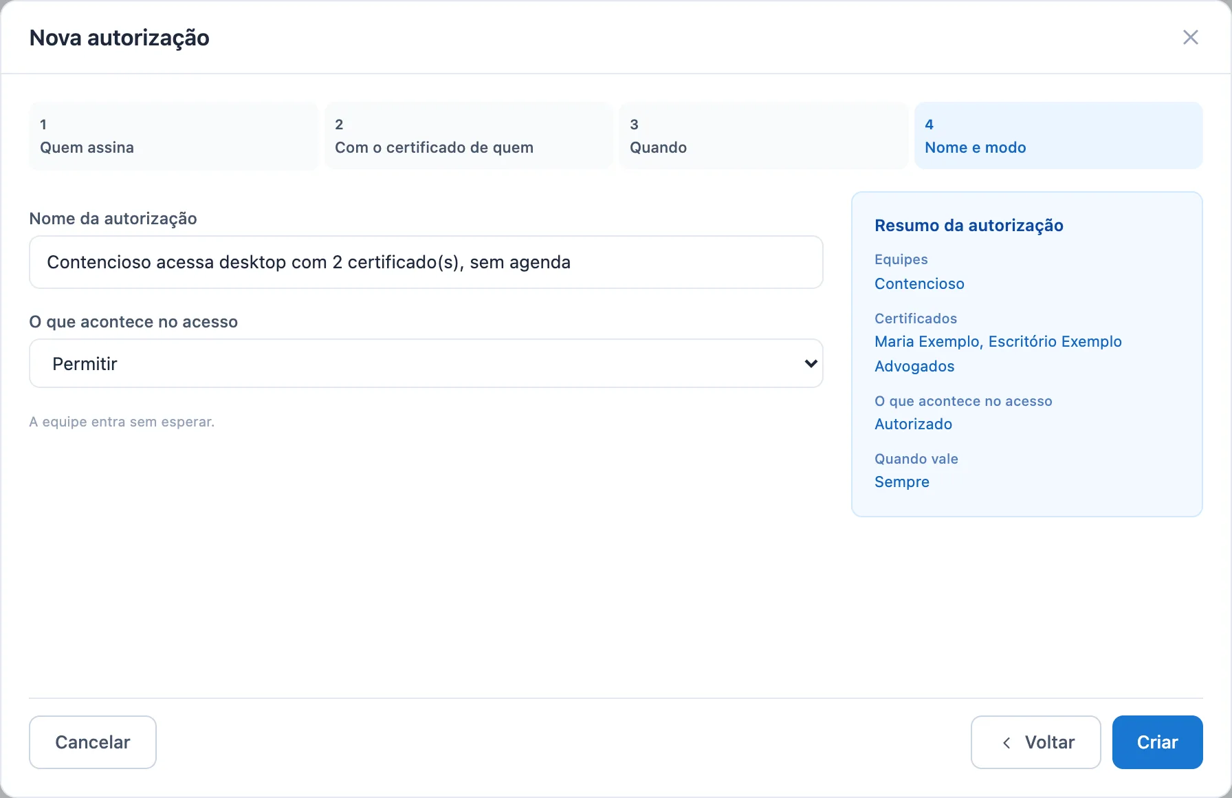 última etapa com o nome sugerido, o modo Permitir e o quadro Resumo da autorização