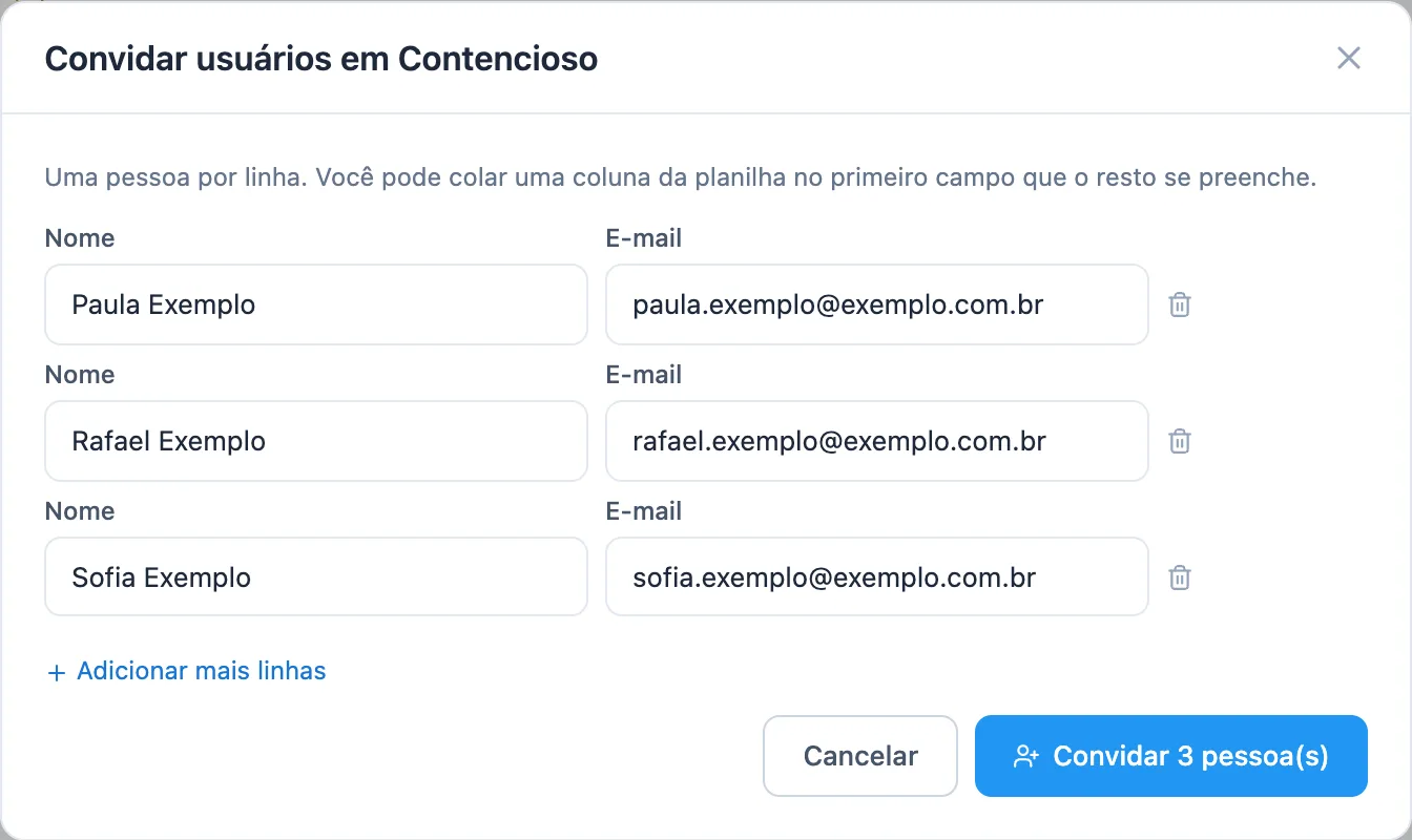 janela Convidar usuários com três linhas de nome e e-mail preenchidas