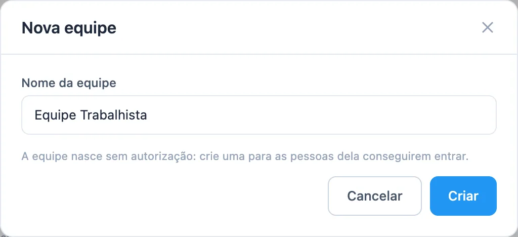 janela Nova equipe com o campo Nome da equipe preenchido