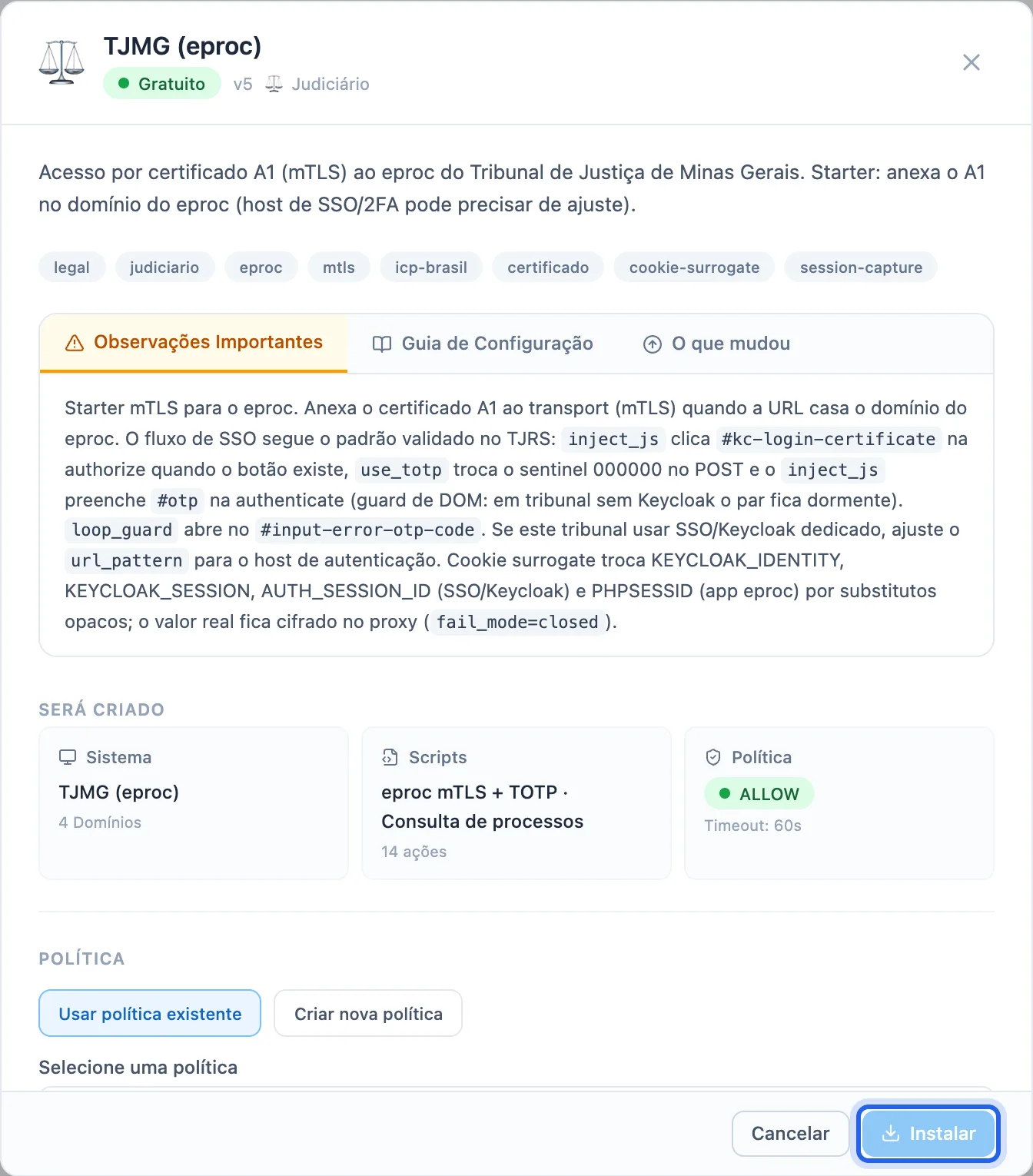 janela de um tribunal do catálogo (TJMG eproc) com o resumo do que será criado e o botão Instalar
