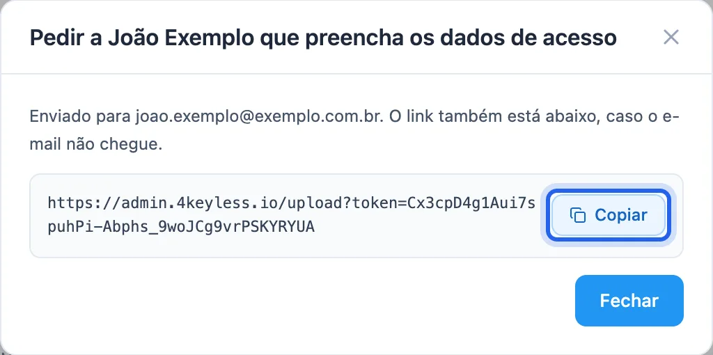 confirmação de envio com o link e o botão Copiar