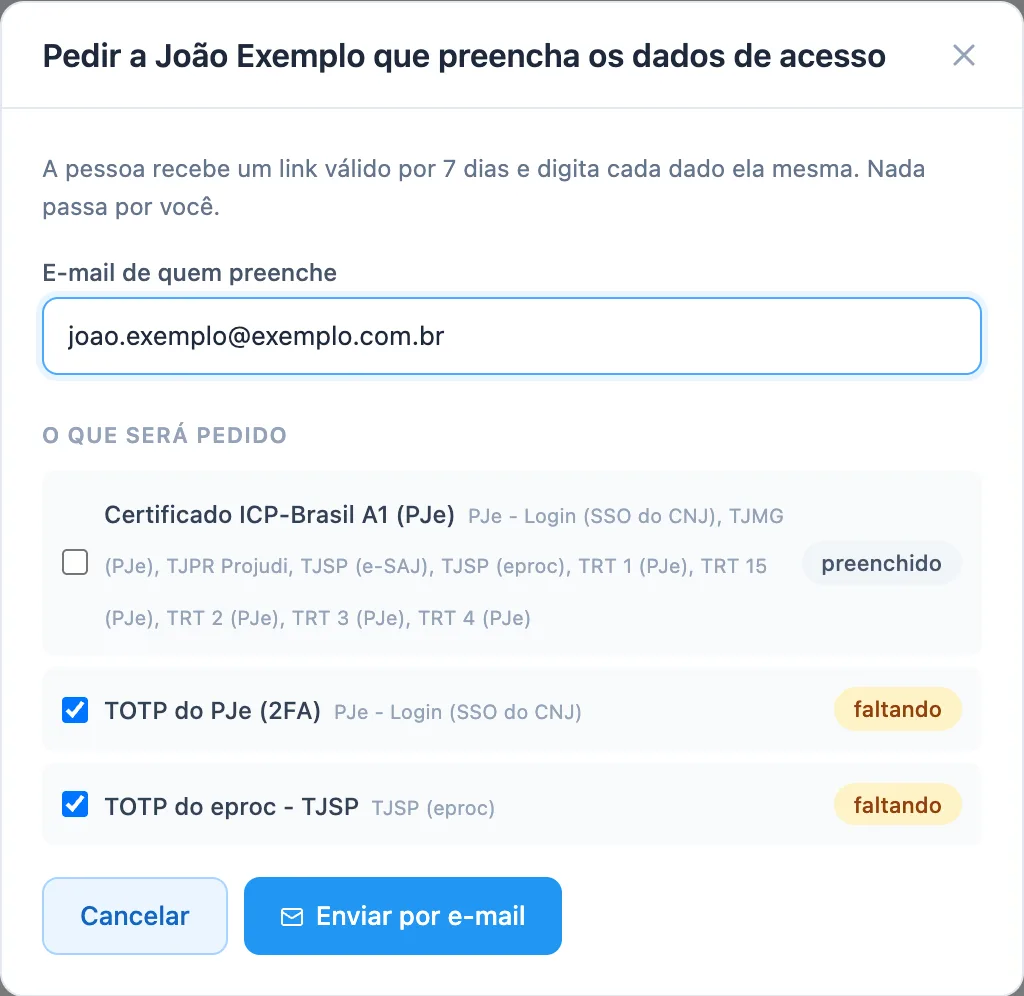 janela Pedir a João Exemplo que preencha os dados de acesso, com o e-mail preenchido, o certificado já preenchido desmarcado e dois códigos faltando marcados