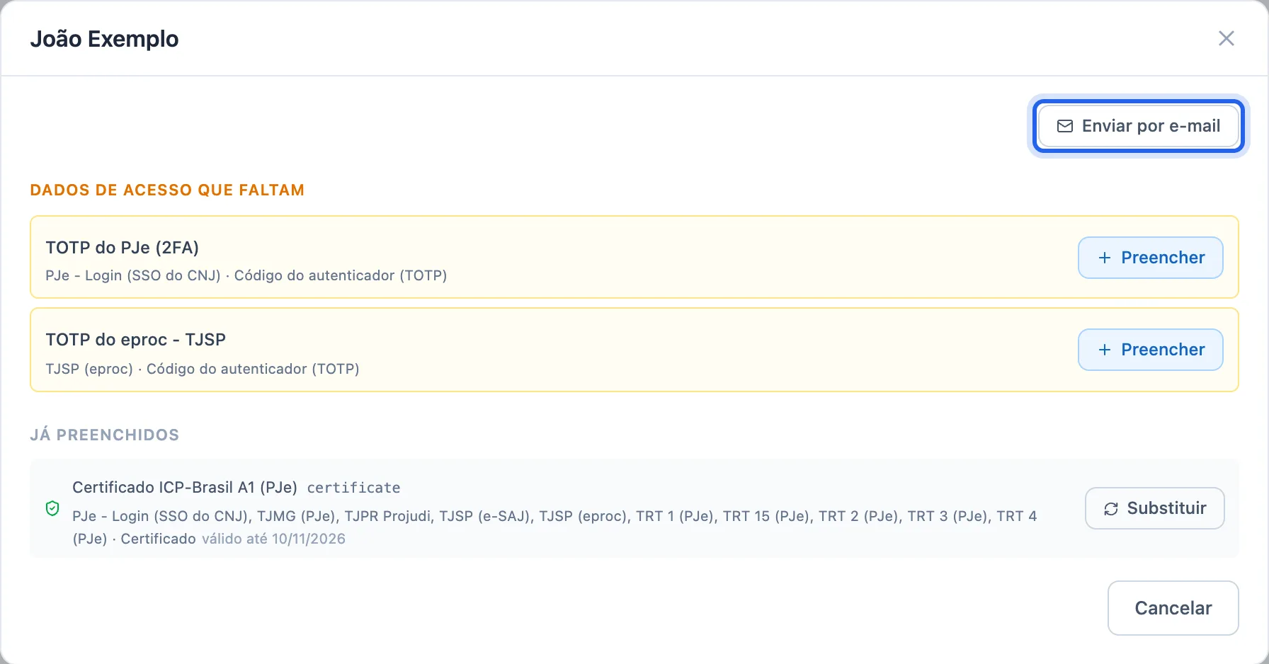 janela de um titular com dados faltando e o botão Enviar por e-mail no canto superior direito
