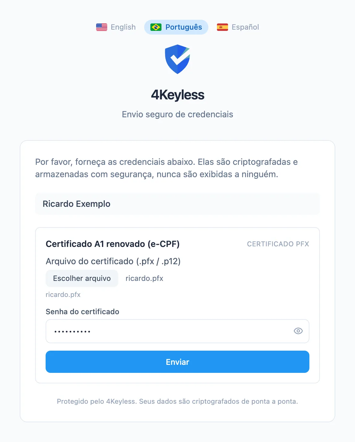 página Envio seguro de credenciais aberta pelo titular, com o quadro do certificado, o arquivo escolhido e a senha digitada